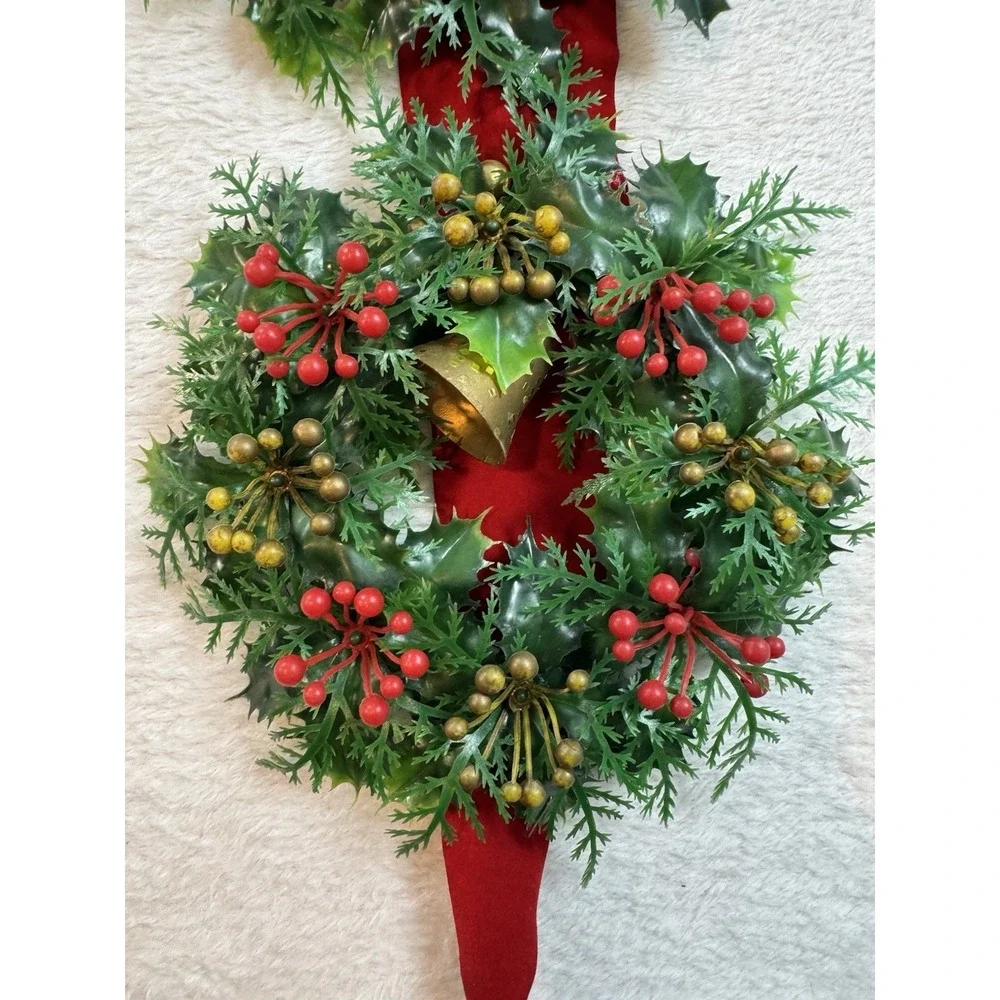 Vintage Plastic Triple Christmas Wreath with Bells on‎ Flocked Red Velvet Ribbon
